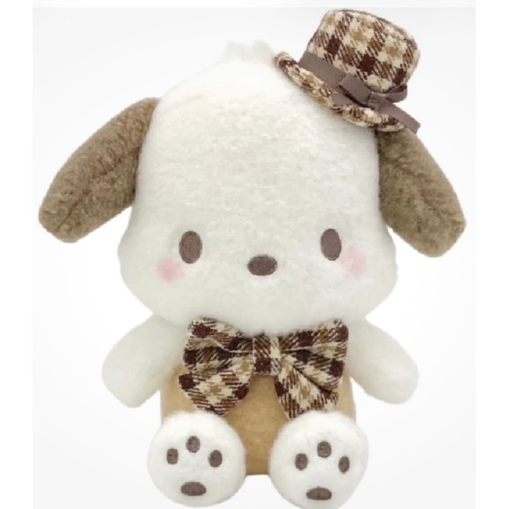 Sanrio‎ Pochacco Plush Kids Small White Tan Excellent Plaid Bow Sherpa Puppy